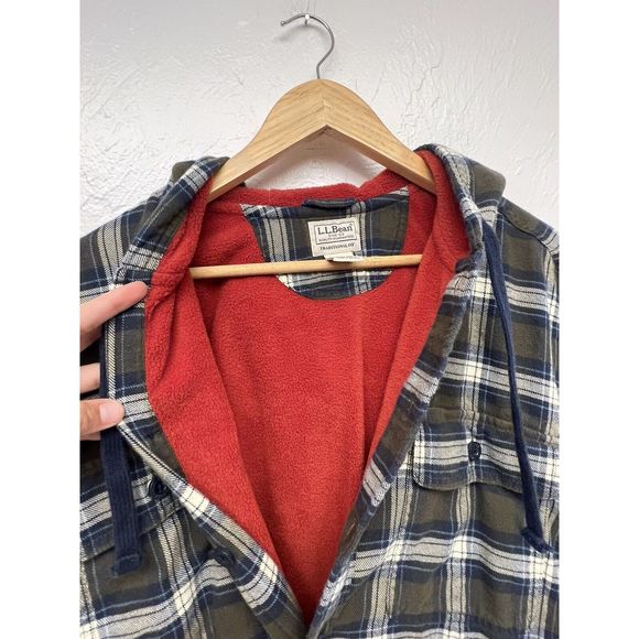 LL Bean Fleece Lined Flannel Shirt Jacket Size L Blue Grey Orange Cotton Hoodie - Picture 2 of 5